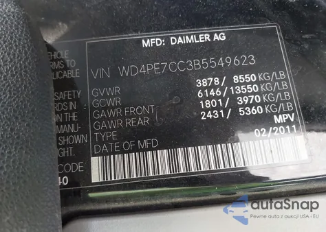 2011 Mercedes-Benz Sprinter 2500 Normal Roof from USA, damaged, VIN WD4PE7CC3B5549623